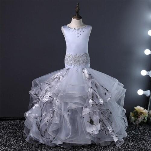 Flower Girl Dresses Illusion Sleeveless O-Neck Lace Tulle Crystal Embroidery Princess Floor-Length Luxury Kids Party Gown H589