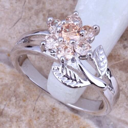 Terrific Brown Morganite Silver Plated Flower Ring Size 6 / 7 / 8 / 9 R0144