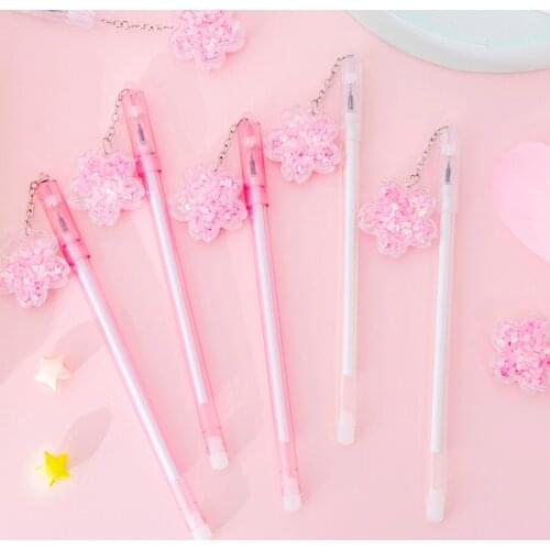 2pcs Cute Pen Cherry Blossoms Pendant Quicksand Sequins Kawaii Stationery Writing Gel Pen Student 0.38mm Black Ink