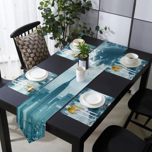 Snow Mountain City Sky Table Runner Placemats Set Country Wedding Table Art Decoration for Kitchen Home Dining Holiday