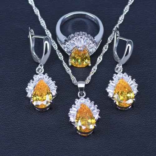 Sparking Yellow Jewelry Sets Water Drop Cubic Zirconia CZ Stone Silver Color Necklace Earrings Necklaces Finger Rings