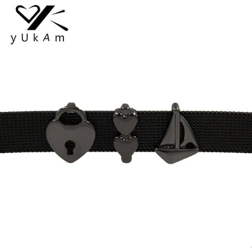 YUKAM Gun Black Sailboat Interlocking Double Love Hearts Lock Slide Charms Keeper for Leather Wrap Mesh Bracelets Jewelry Making