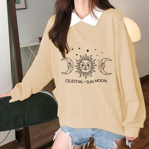 Sun and Moom Hoodie Women Sweatshirt Slogan Graphic Oversize Harajuku Cotton Sweatshirts Long Sleeves 90s Aesthetic Fashion Top