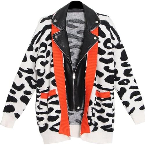 Fashion Large Size Knit Leather Jacket Women Trend Leopard Coat Oversize Ladies Zipper Outerwear