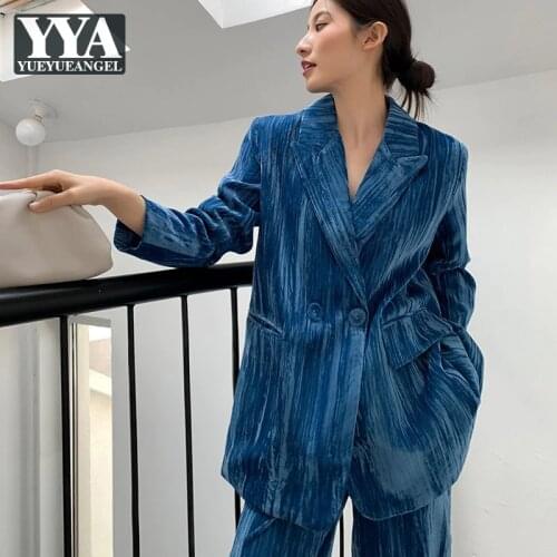 Fashion New Women Blue Velvet Blazer Pants Two Piece Set Double Breasted Suit Jacket Wide Leg Pants Office Ladies Loose Suit Set
