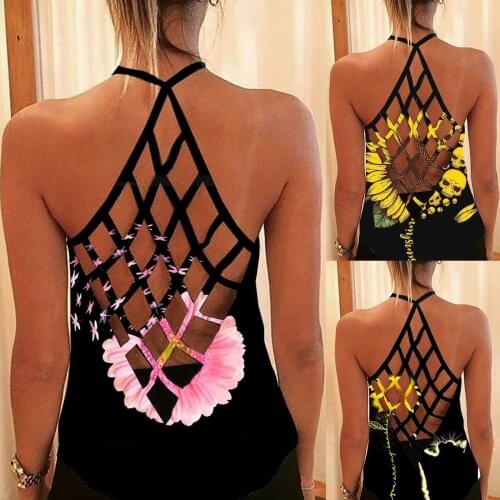 Ladies Fashion Summer Sleeveless Halter Cross-Tie Personalized Printing Vest Hollow Out Grid Exposed Back Solid Color Sexy Vest