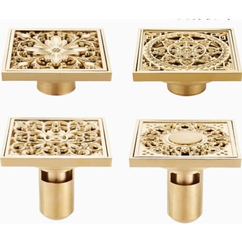 10x10cm Floor Drain European-style Carved Copper Shower Floor Drain Bathroom Deodorant Square Filter Cover Garbage Floor Drain