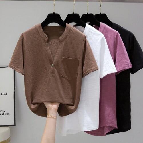 2021 Summer V-Neck 100% Cotton T Shirts Women Pockets Short Sleeve Tshirts Casual Soft Female Solid Color Tops Tee Shirt Femme