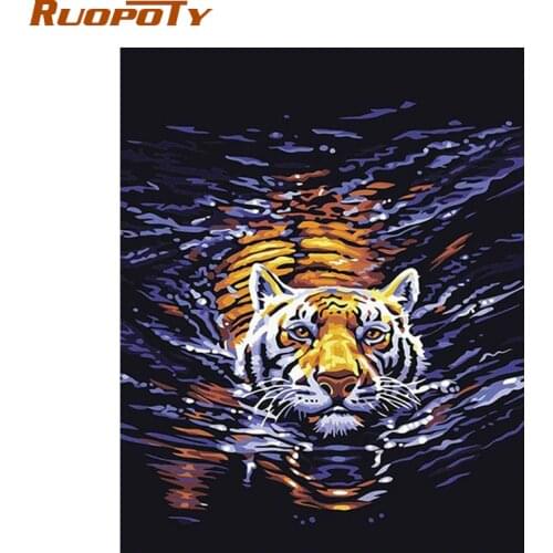 RUOPOTU Water Tiger Animals DIY Digital Oil Painting By Numbers Handpainted Canvas Painting For Unique Gift Room diy frame 4050