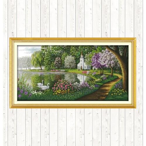 Green Lake Scenery Painting 14CT Counted Printed on Canvas 11CT DMC Floss Embroidery Kit DIY Handwork Needlework Kits Home Decor