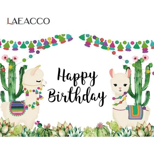 Laeacco Watercolor Sheep Coat Cactus Flowers Happy Birthday Party Poster Banner Portrait Photo Background Photographic Backdrop