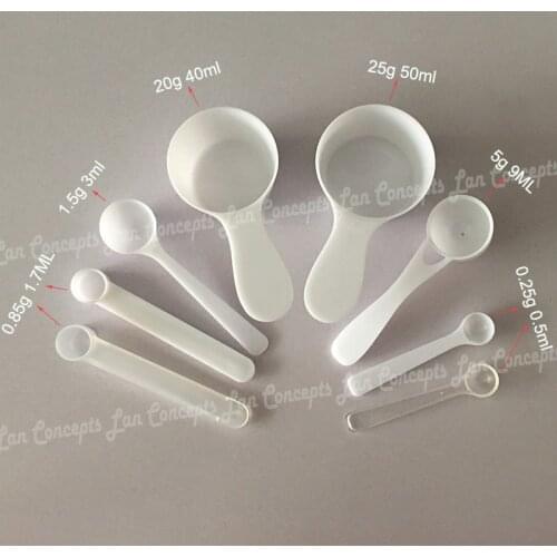 50pcs/lot Measuring Plastic Scoop PP Spoon 0.25g 0.5ml 0.85g 1.7ml 1.5g 3ml 5g 9ml 20g 40ml 25g 50ml for option - free shipping