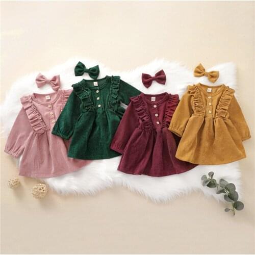 Fashion Autumn Infant Baby Girls Dress Headband 2pcs Solid Ruffles Long Sleeve Bowknot Button A-Line Dress 4 Colors