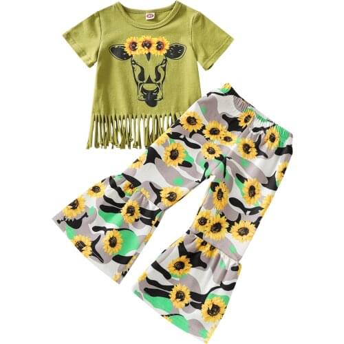 0-5Y Fashion Summer Toddler Baby Girls Clothes Sets Children Floral Printed Short Sleeve Tops Flare Pants 2pcs