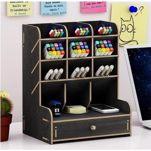 Multifunction Wood Desktop Organizer Pen Pencil Holder Stand Stationery Accessories Storage with Drawer for Home School Office