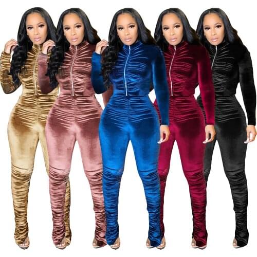 New Fall Active Velvet Stacked Sweatsuit Womens Set Zipper Jacket Pants Suit Streetwear Tracksuit Two Piece Set Fitness Outfit