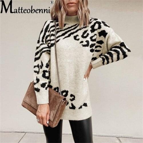 2021 Autumn Winter Ladies High Neck Long Sweater Fashion Womens Loose Pullovers And Sweaters Leopard Print Knitted Sweater Dress