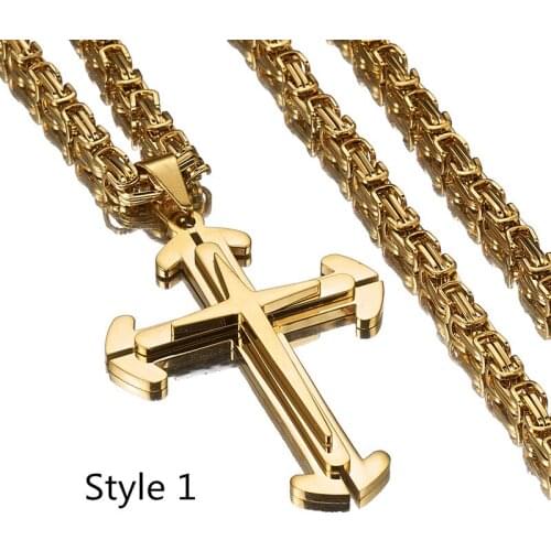 Top Quality Gold Plated 316L Stainless Steel Jesus Cross Pendant Necklace Jewelry Gift Mens Byzantine Box Chain 18-30inch