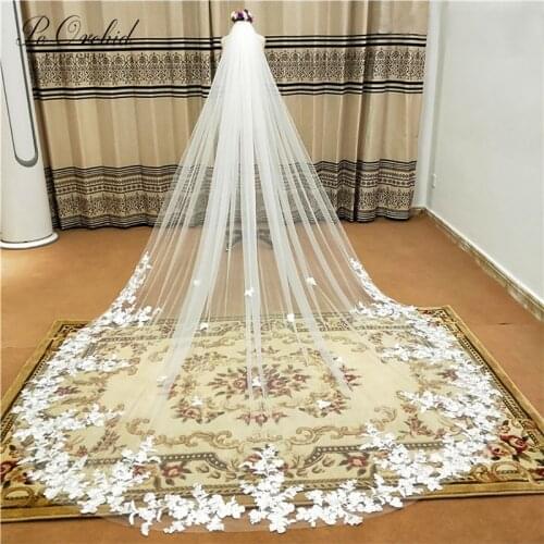 PEORCHID Long Bridal Veil Lace Edge Cathedral Wedding Veil With Comb 3 Meters White Ivory Elegant Voile Mariage Accessoires