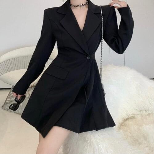 New Women Slim Waist Long Sleeved Notched Collar Dresses Korea Chic Autumn Retro Office Party Pleated Mini A Line Dress Female