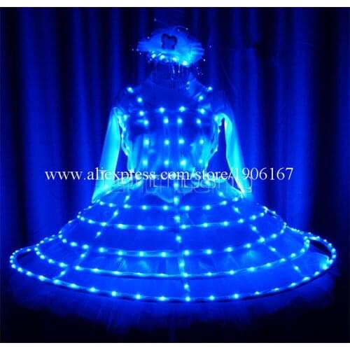 Fullcolor LED Light Up Bubble Skirt with Headware Nightclub Stage Performance Programmable RGB Led Light Up Dance Suit Dress