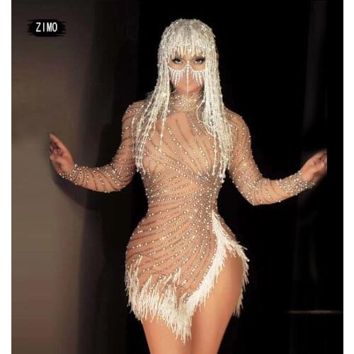 Rhinestones Pearl Fringe Dress long sleeve sexy tight mesh designer club party for Women wedding birthday dresses runway Outfit