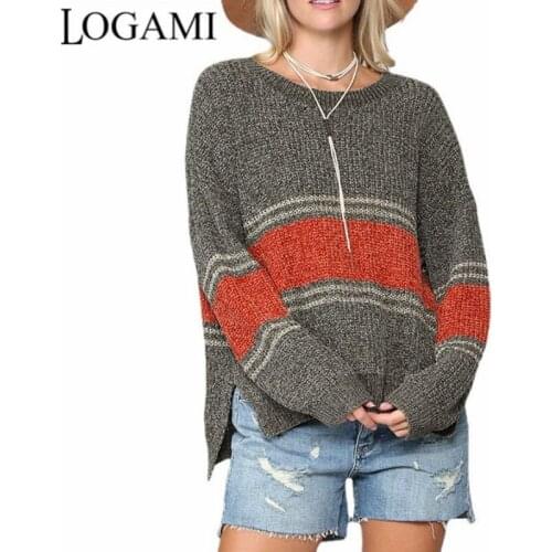 LOGAMI Contrast Striped Split Knit Sweater Long Sleeve O Neck Pullover for Women Thick Casual Sweaters Jumper