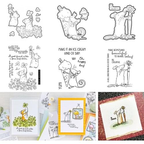 Cutting Dies with Coordinating Stamps Set Mice Holding Clover Ice-cream Painting Brush Be Creative Style DIY Scrapbooking 2021