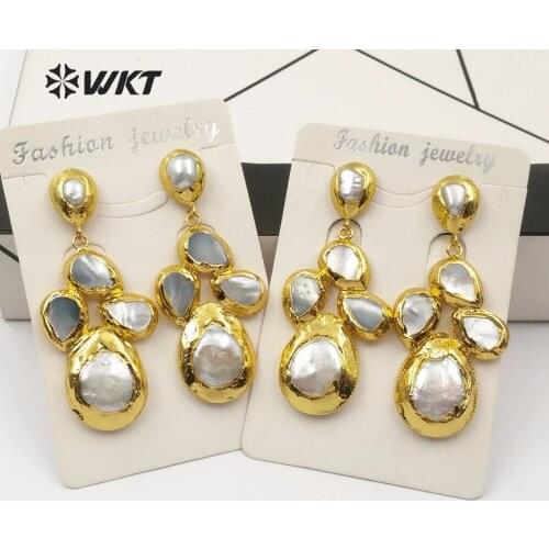 WT-E496 Natural Freshwater Pearl Earrings Random Size Teardrop Shape Gold Bezel Multiple Pearl Combination Earrings Gift Jewelry