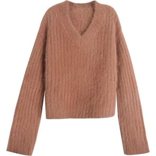 WTIANYUW Lazy Style Mohair V Neck Sweater Jumper Fashion Autumn Winter Women Soft Thick Mink Hair Knitted Warm Loose Pullovers