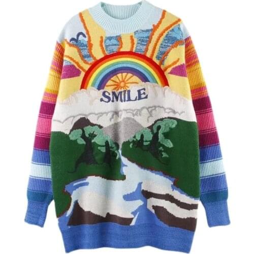 Oversized Sweater Women 2021 Fashion Rainbow Striped Embroidered Letters Knitted Pullovers Loose Casual Streetwear Tops X-237