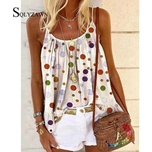 2020 Summer New Large Size Loose Vest Women Casual Printed Bandage Tank Tops Sexy Strap Polka Dot Boho Tops Girls New Fashion