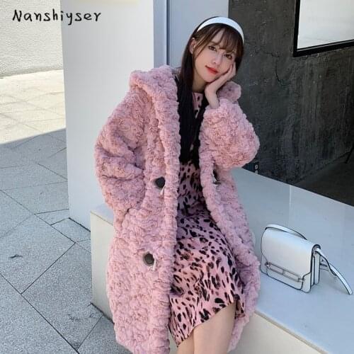 Winter Korean Mid-length Loose Big Pocket Women Thicken Hooded Faux Wool Fur Coat Soft Warm Outerwear Female Casual Plus Size
