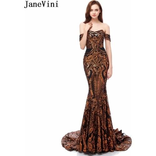 JaneVini 2019 Off Shoulder Sexy Black Gold Mermaid Long Evening Dresses 2019 Luxury Sequins Sparkle Dubai Evening Gown for Women