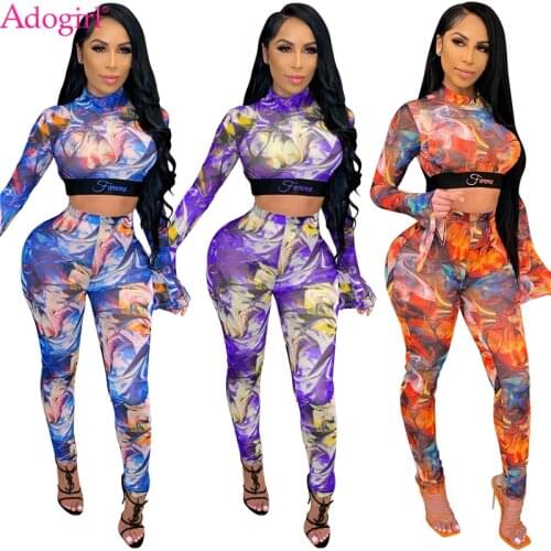 Adogirl 2021 Spring Fashion Print Mesh Two Piece Set Flare Sleeve Crop Top Pencil Pants Women Fashion Sexy Suit Night Club Wear