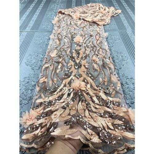 African lace fabric fashion dress high quality 3D flower embroidery with beads French tulle lace