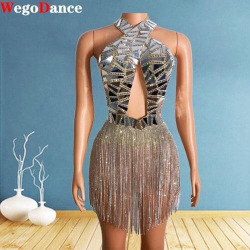 Sparkly Silver Mirrors Crystals Fringes Dress Transparent Costume Women Rhinestones Chains Outfit Prom Birthday Celebrate Outfit