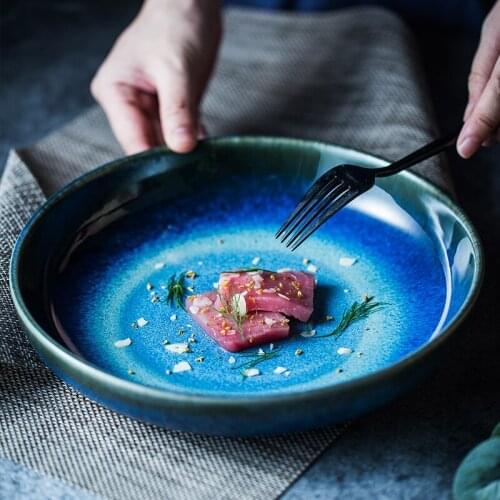 EECAMAIL Creative Retro Peacock Blue Kiln Glazed Ceramic Tableware Plate Salad Plate Soup Plate Rice Plate Home Dish Deep Plate