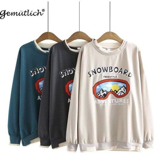GEMUTLICH Women Big Size Thin Hoodies O-Neck Collar Fake Two Pieces Casual Pullover Sweatshirt Loose Fashion Letter Print Top