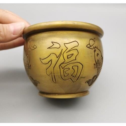 Chinese Collectibles Handwork brass copper FU fish statue Small water tank home decor metal crafts