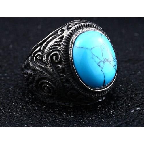 Vintage Natural Turquois Titanium Steel Skull Biker Gothic Punk 316L Stainless Ring For Men Retro Male Design Round Bands Rings