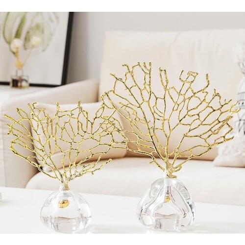 Creative Crystal Marble Coral Ornaments Living Room Desktop Plant Golden Alloy Coral Crafts Modern Home Decoration Accessories