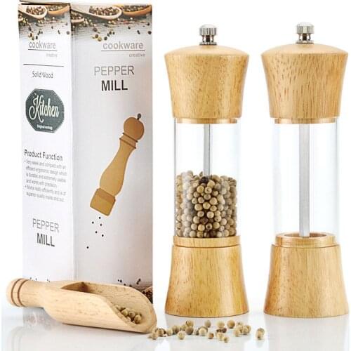 2pcs Wood Acrylic Spice Pepper Mill with Adjustable Ceramic Grinder Coarse fine powder pepper 6inch Oak seasoning Mills set