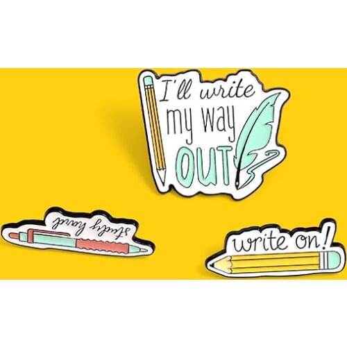 Cartoon Stationery Enamel Pins Custom Feather Pen Quill Pen Jacket Lapel Pins Pencil Brooches Jewelry Gifts For Writer Students