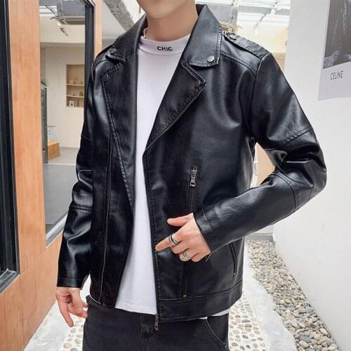 20212 Mens Autumn Casual Motorcycle Leather Jacket Youth Fleece-Lined Oblique Zipper Lapel PU Leather Jacket