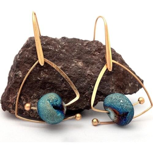 New Design Unique Dreamy Starry Blue Natural Stone Drop Earrings For Women Vintage Gold Copper Triangle Geometric Dangle Earring