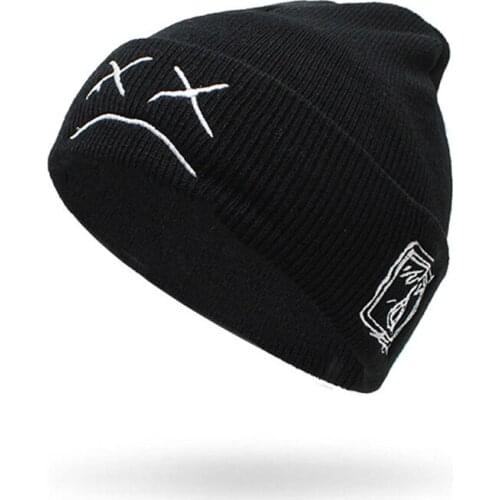 Autumn Winter Warm Beanie Hats Crying Face Embroidery Lil Peep Beanie Caps Men Women Sad Boy Face Knitted Hats Hip Hop Hats