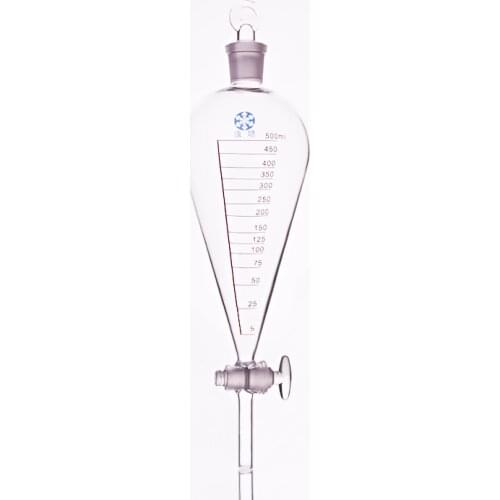 Separatory funnel pear shape,with ground-in glass stopper and stopcock,With tick marks,Capacity 500ml,glass switch valve