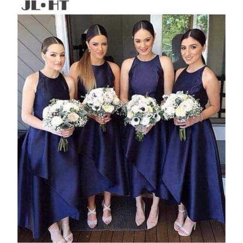 Navy Blue High Low Wedding Party Dresses Bridesmaid Dress Hard Satin Thick Sleeveless Sweep Train Bridesmaid Dress