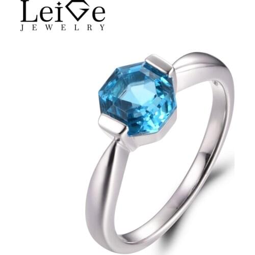 Leige Jewelry Real Swiss Blue Topaz Rings November Birthstone Octagon Cut Wedding Bands Solitaire Rings For Woman 925 Silver